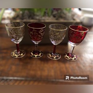 Set of 4 Ruby and Gold Cordial/Aperitif glasses. Hand painted in Belgium.